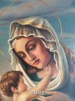 Peinture à l'huile ancienne de grande taille de la Vierge italienne Sorgiani et de l'Enfant Jésus portrait de la Dame