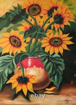 Peinture à l'huile ancienne de tournesol sur toile, signée par l'artiste Villa, pièce unique vintage de style MCM