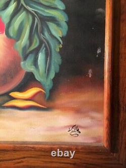 Peinture à l'huile ancienne de tournesol sur toile, signée par l'artiste Villa, pièce unique vintage de style MCM