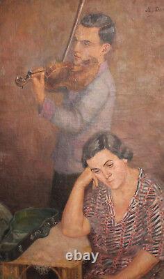 Peinture à l'huile ancienne de violoniste signée en Europe