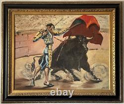 Peinture à l'huile ancienne et vintage de Maldonado, matador espagnol antique de taureaux en 1956