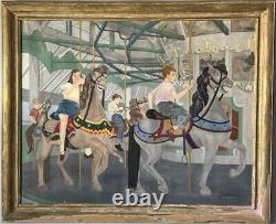 Peinture à l'huile ancienne garçon fille Lois Lingemann Art Déco moderne ancien carrousel de chevaux