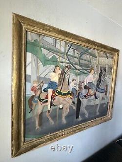 Peinture à l'huile ancienne garçon fille Lois Lingemann Art Déco moderne ancien carrousel de chevaux