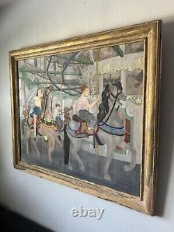 Peinture à l'huile ancienne garçon fille Lois Lingemann Art Déco moderne ancien carrousel de chevaux