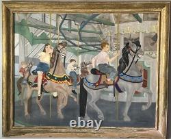 Peinture à l'huile ancienne garçon fille Lois Lingemann Art Déco moderne ancien carrousel de chevaux