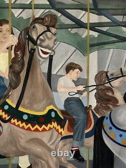 Peinture à l'huile ancienne garçon fille Lois Lingemann Art Déco moderne ancien carrousel de chevaux