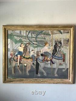 Peinture à l'huile ancienne garçon fille Lois Lingemann Art Déco moderne ancien carrousel de chevaux