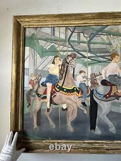 Peinture à l'huile ancienne garçon fille Lois Lingemann Art Déco moderne ancien carrousel de chevaux