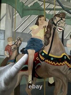 Peinture à l'huile ancienne garçon fille Lois Lingemann Art Déco moderne ancien carrousel de chevaux