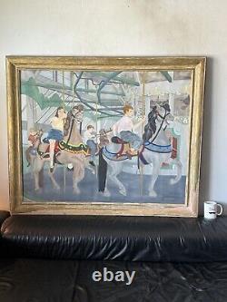 Peinture à l'huile ancienne garçon fille Lois Lingemann Art Déco moderne ancien carrousel de chevaux