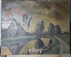 Peinture à l'huile ancienne sur toile de la campagne française 29 3/4 x 23 3/4