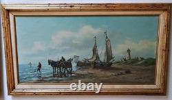 Peinture à l'huile antique 36x24 Scène de plage hollandaise signée