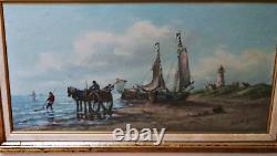 Peinture à l'huile antique 36x24 Scène de plage hollandaise signée