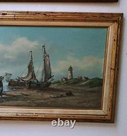 Peinture à l'huile antique 36x24 Scène de plage hollandaise signée