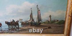 Peinture à l'huile antique 36x24 Scène de plage hollandaise signée