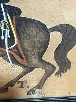 Peinture à l'huile antique à l'aquarelle Cavalier à cheval signée
