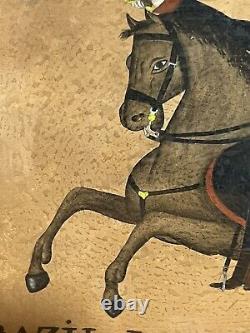 Peinture à l'huile antique à l'aquarelle Cavalier à cheval signée