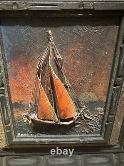 Peinture à l'huile antique avec bateau en relief par Rochehe, ère du début des années 1800.