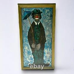 Peinture à l'huile antique d'un triste clown sous la pluie tenant un parapluie signée Grifoll Espagne