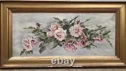 Peinture à l'huile antique de 36 verges de long de roses dans le style de Paul De Longpre 1914