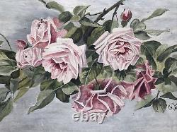 Peinture à l'huile antique de 36 verges de long de roses dans le style de Paul De Longpre 1914