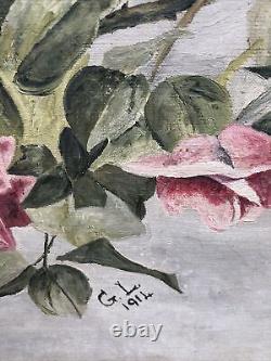 Peinture à l'huile antique de 36 verges de long de roses dans le style de Paul De Longpre 1914