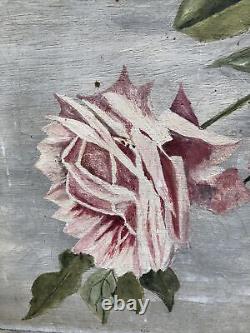 Peinture à l'huile antique de 36 verges de long de roses dans le style de Paul De Longpre 1914