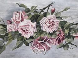 Peinture à l'huile antique de 36 verges de long de roses dans le style de Paul De Longpre 1914