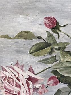 Peinture à l'huile antique de 36 verges de long de roses dans le style de Paul De Longpre 1914