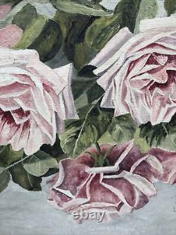 Peinture à l'huile antique de 36 verges de long de roses dans le style de Paul De Longpre 1914