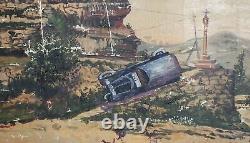 Peinture à l'huile antique de course automobile dans les années 30 paysage