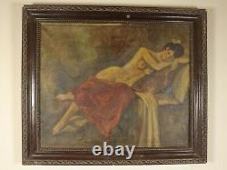 Peinture à l'huile antique de dame nue dans un cadre orné, grande œuvre d'art rare de femme nue
