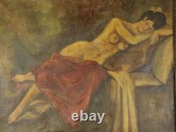 Peinture à l'huile antique de dame nue dans un cadre orné, grande œuvre d'art rare de femme nue