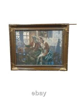 Peinture à l'huile antique de genre victorien du XIXe siècle Mère Fille Signée Voir Description