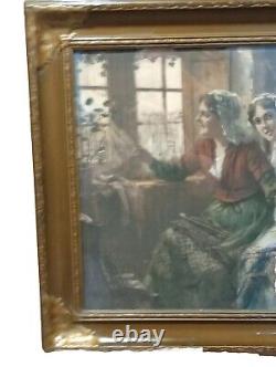 Peinture à l'huile antique de genre victorien du XIXe siècle Mère Fille Signée Voir Description