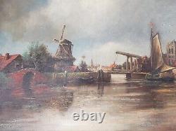 Peinture à l'huile antique du 19e siècle signée École néerlandaise - Scène de moulin à vent dans un port, signée.