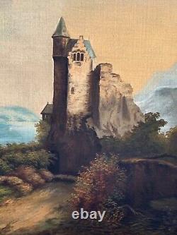 Peinture à l'huile antique du château médiéval de la tour fluviale paysage allemand autrichien.