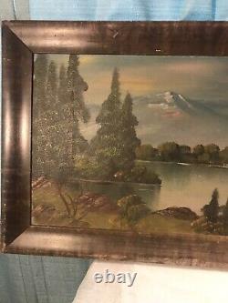 Peinture à l'huile antique sur bois avec cadre peint en grain de bois, 15x17.5 Scène de forêt de montagne