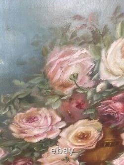 Peinture à l'huile antique sur toile Rose chou roses floral cadre doré signé