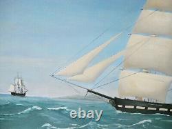 Peinture à l'huile antique sur toile de navire à trois mâts Clipper PS avec drapeau américain - Livraison gratuite