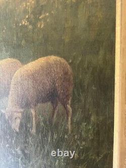 Peinture à l'huile antique troupeau de moutons peinture pastorale originale signée Maurice B