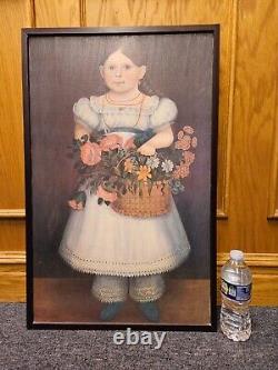 Peinture à l'huile d'art populaire ancien Petite fille avec panier de fleurs RARE TROUVAILLE 28t x 17w