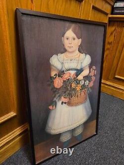 Peinture à l'huile d'art populaire ancien Petite fille avec panier de fleurs RARE TROUVAILLE 28t x 17w