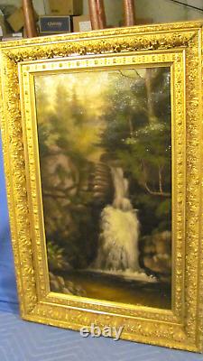 Peinture à l'huile d'une cascade antique à l'école Adirondack vers 1890