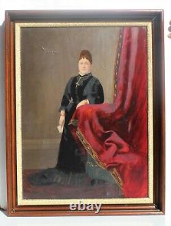 Peinture à l'huile de grand format du 19ème siècle sur toile, portrait de femme, datée de 1879