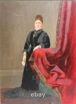 Peinture à l'huile de grand format du 19ème siècle sur toile, portrait de femme, datée de 1879