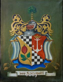 Peinture à l'huile de grande taille de l'ancien blason familial du Royaume-Uni