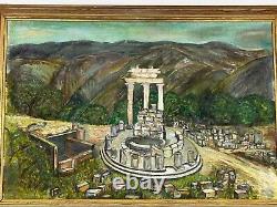 Peinture à l'huile de grande taille sur panneau encadrée des ruines grecques du Tholos de Delphes vintage