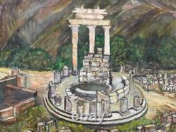 Peinture à l'huile de grande taille sur panneau encadrée des ruines grecques du Tholos de Delphes vintage