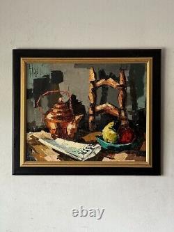 Peinture à l'huile de nature morte abstraite moderne ancienne originale d'Aldo Luongo, vintage 62.